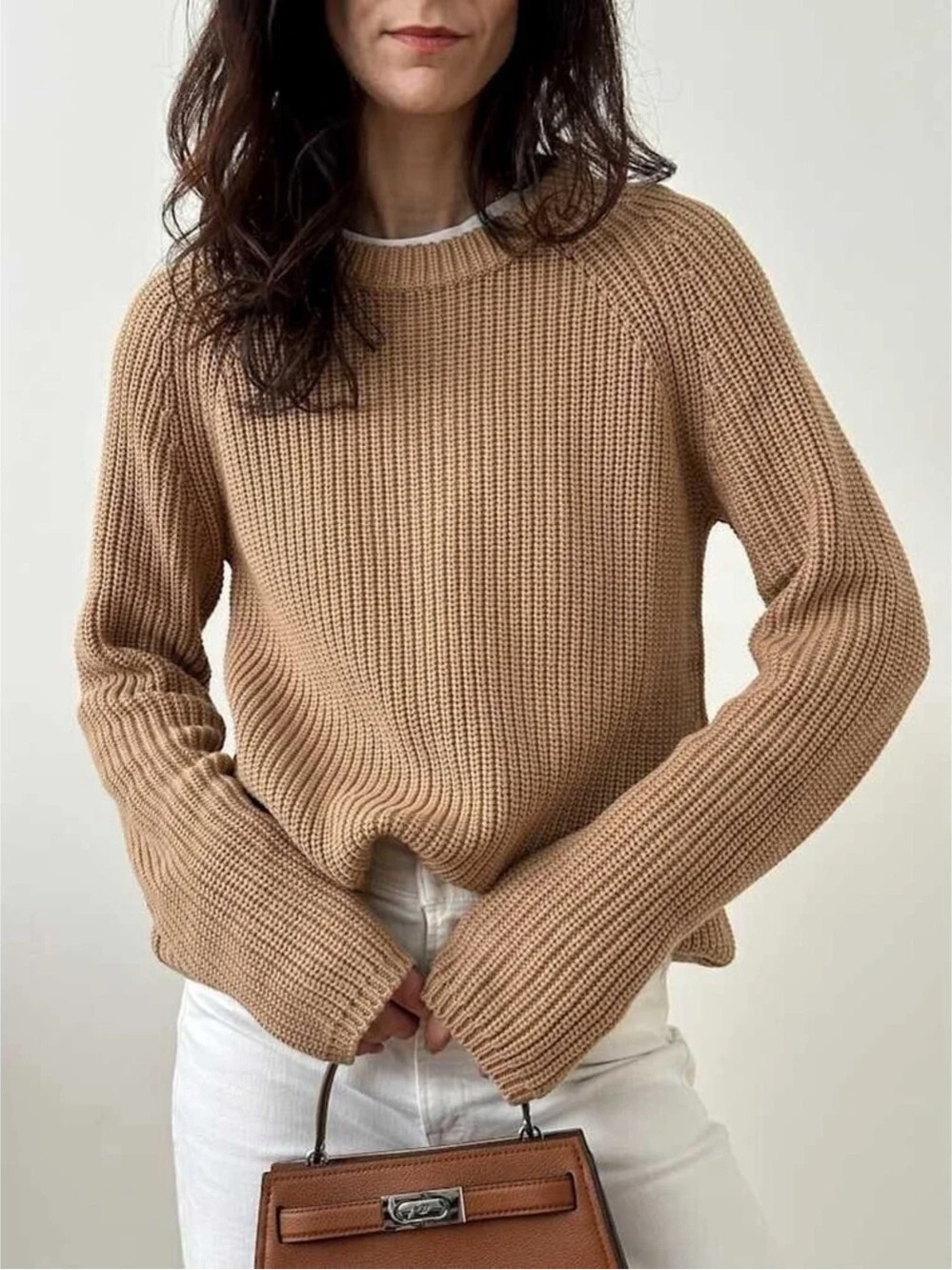 Quince Women's 100% Cotton Fisherman Crewneck Sweater in Camel